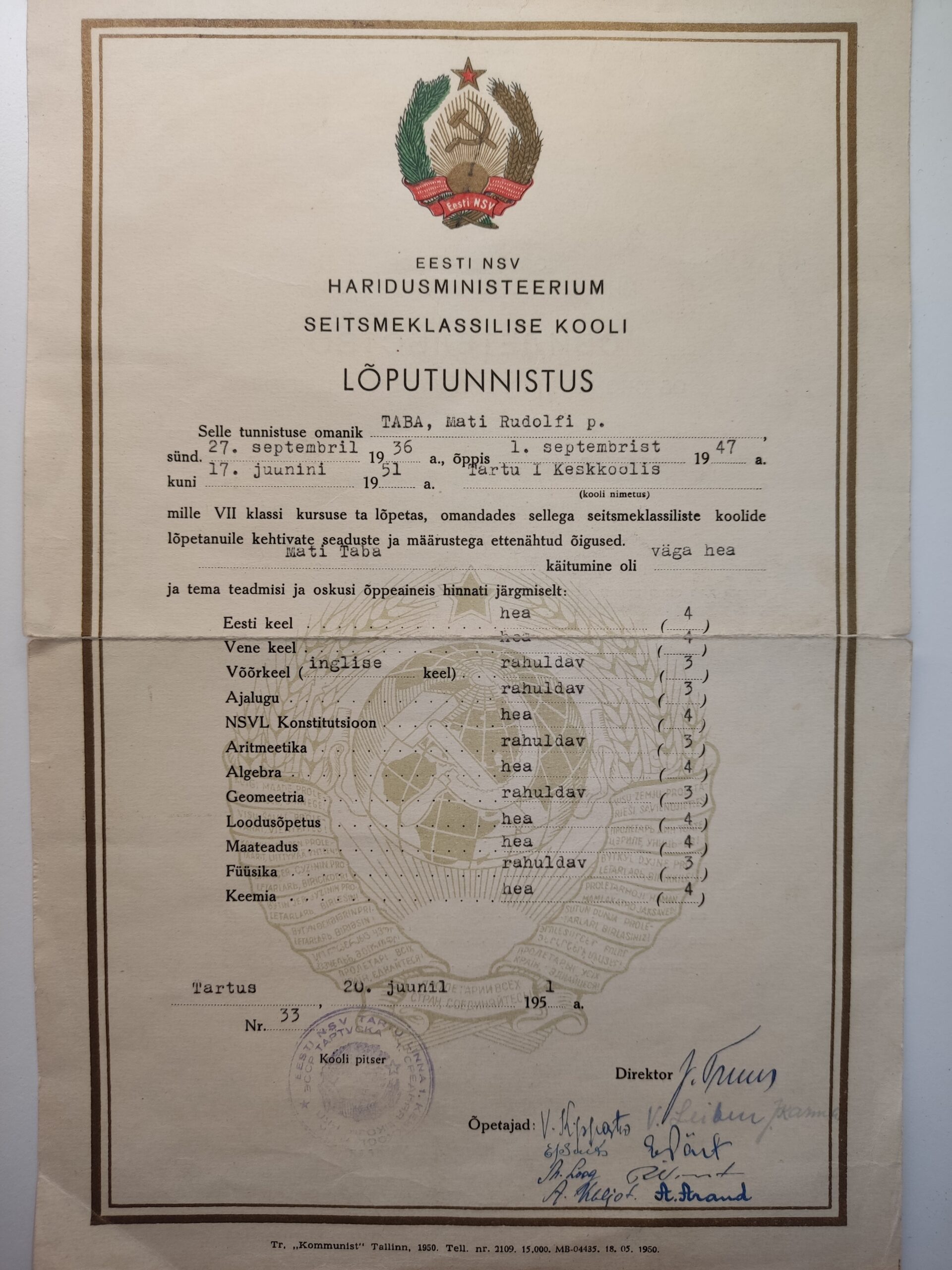 1951. aasta lõputunnistus