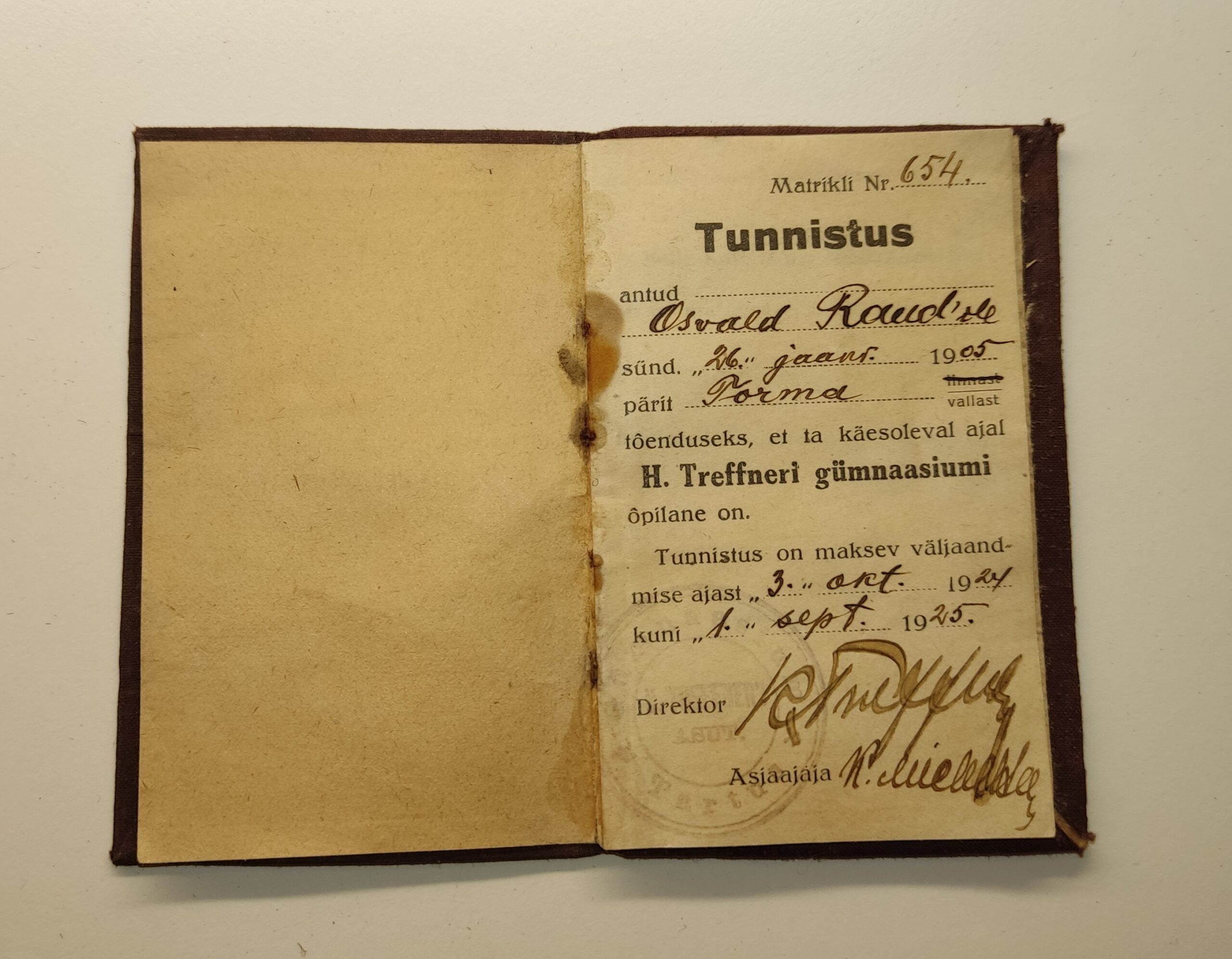 1924. aasta Hugo Treffneri Gümaansiumi tunnistus